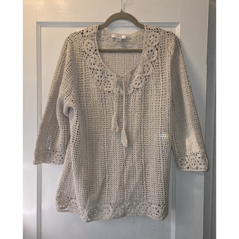 CJ Banks Crochet Floral Lace Pullover Sweater Women's Size White Tie Front. 14